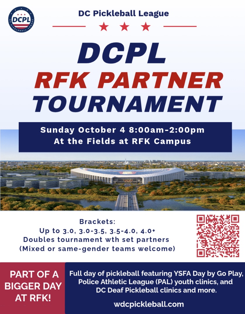 DCPL RFK Partner Tournament flyer for October 4 at the Fields at RFK Campus