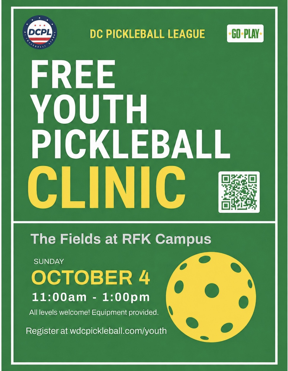 Free Youth Pickleball Clinic at The Fields at RFK Campus on October 4, 2026